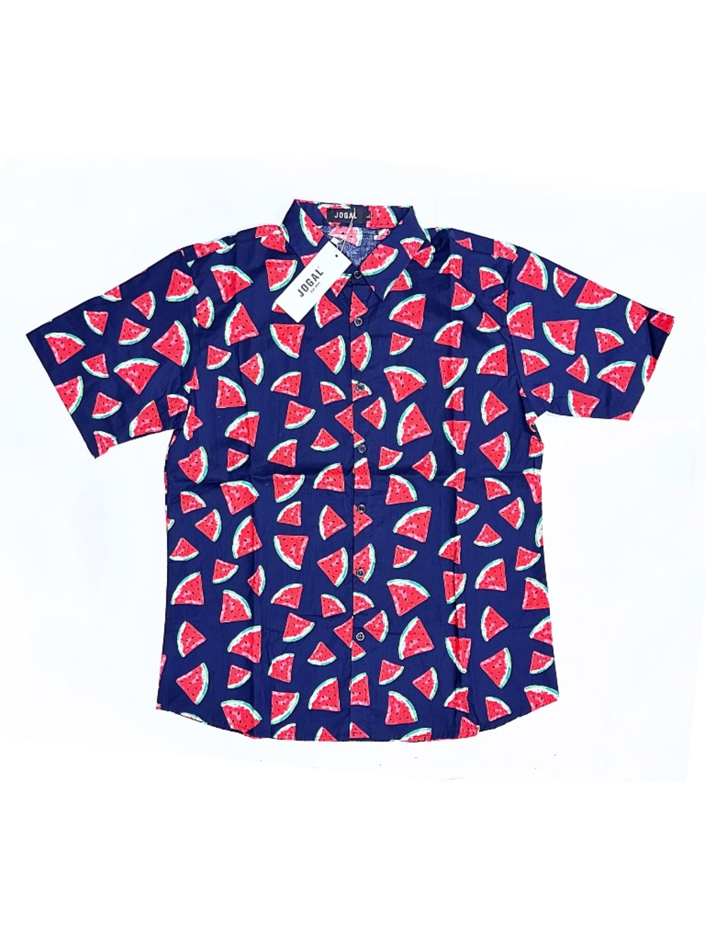 🍉 NWT JOGAL Men's L Hawaiian Short Sleeve Button Up Shirt Navy Watermelon Print
